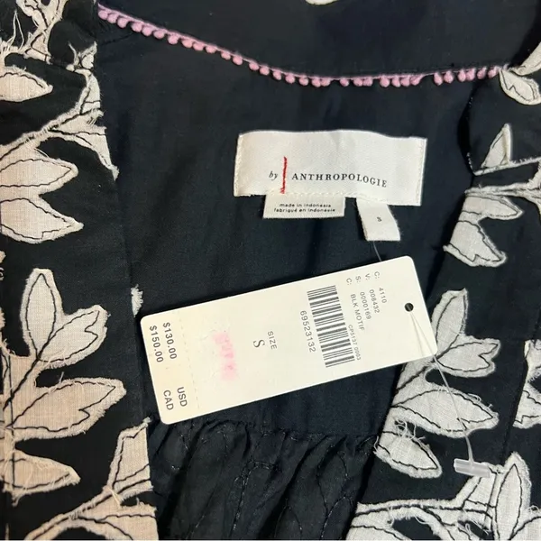 NWT By Anthropologie Popover Blouse Embroidered Applique Top Black‎ White Sz S - Image 10