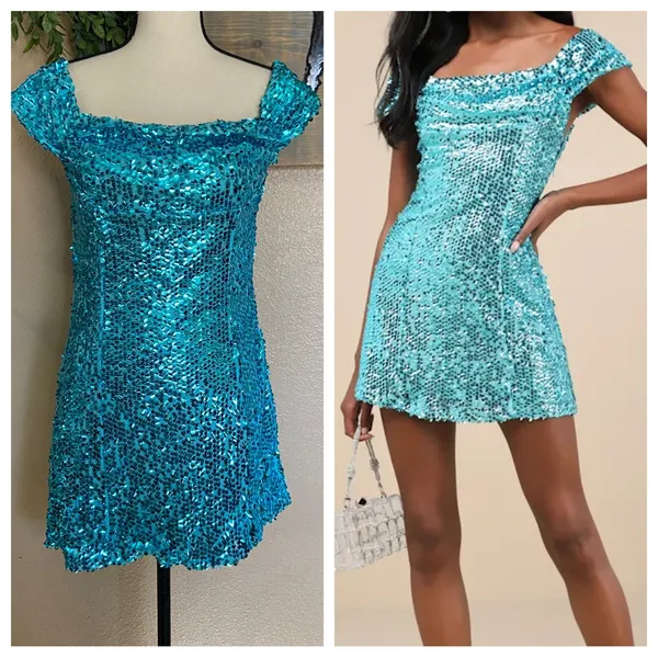 NWOT Lulus Glittering Nights Aqua Blue Sequin Off-the-Shoulder Mini Dress - Image 2