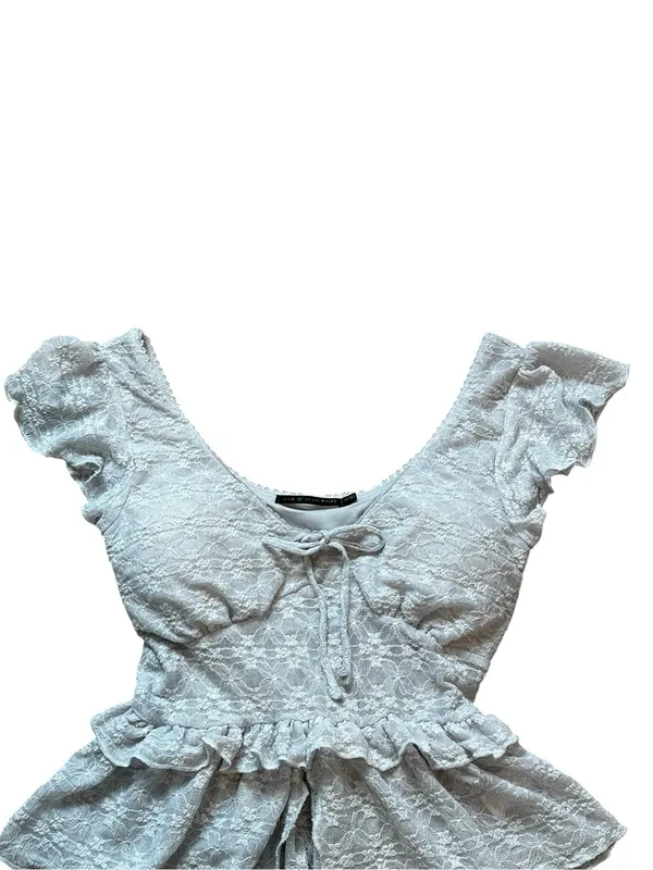Gray Lace Babydoll Top Ruffles Bow Romantic Cottage Romantic Feminine - Image 3