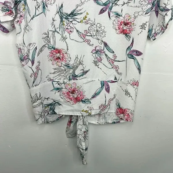 Buffalo David Bitton Top Womens White Floral Print Front Tie Blouse Small - Image 10