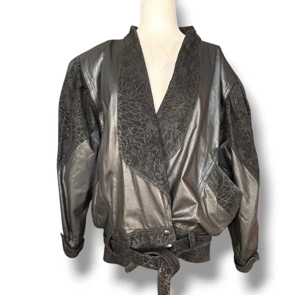 Vintage 80s Black Leather Jacket Suede Embossed Oversized Batwing Belted Moto - Image 3