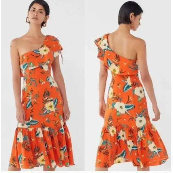 Urban Outfitters Carmen Orange One Shoulder Linen Knit Floral Midi Dress‎ XS - Image 3