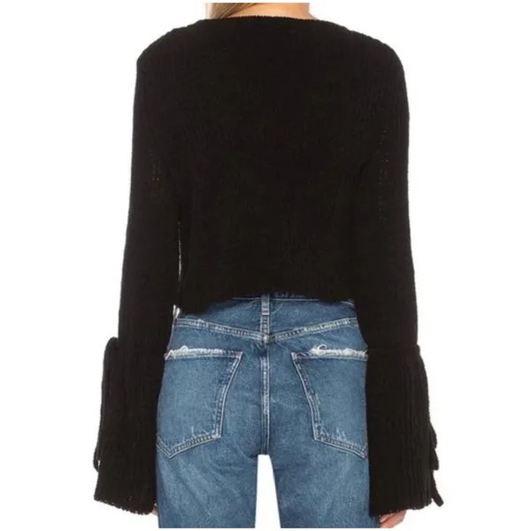 Lovers + Friends Parkwood Black Chenille Knit Tie Bell‎ Sleeve Cropped Sweater M - Image 2