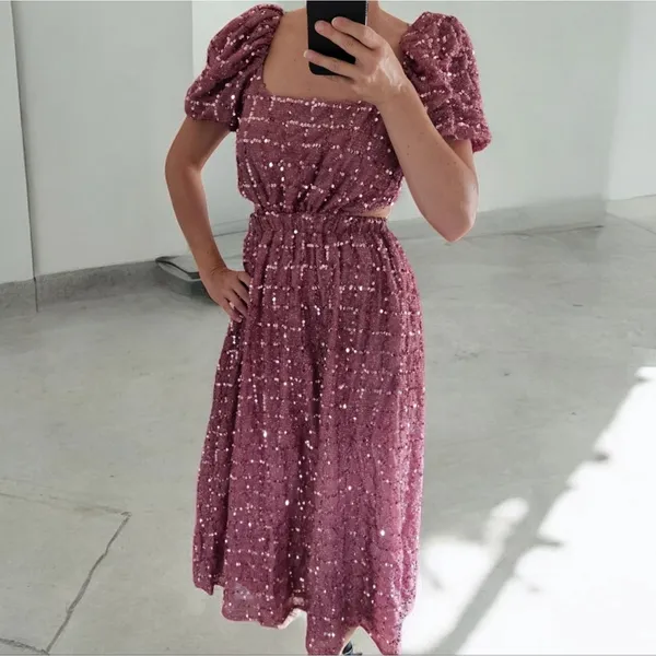 Elliatt Aubree Puff‎ Sleeve Sequin Metallic Midi Dress Size XS - Image 11