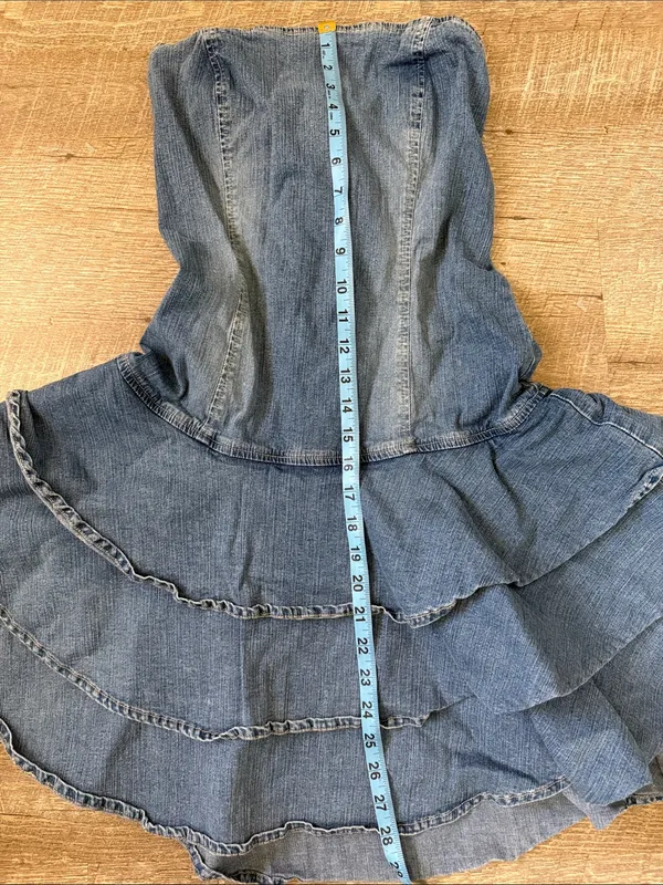 Y2K Hot Kiss Vintage Denim Ruffle Strapless Dress Size Large - Image 3