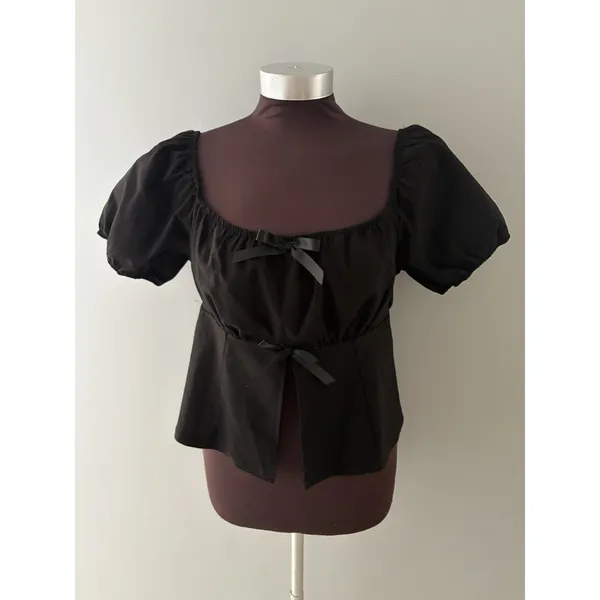 Riley & James Milkmaid Top Size Large Black Bows Puff Sleeve Whimsigoth Fairy - Image 2