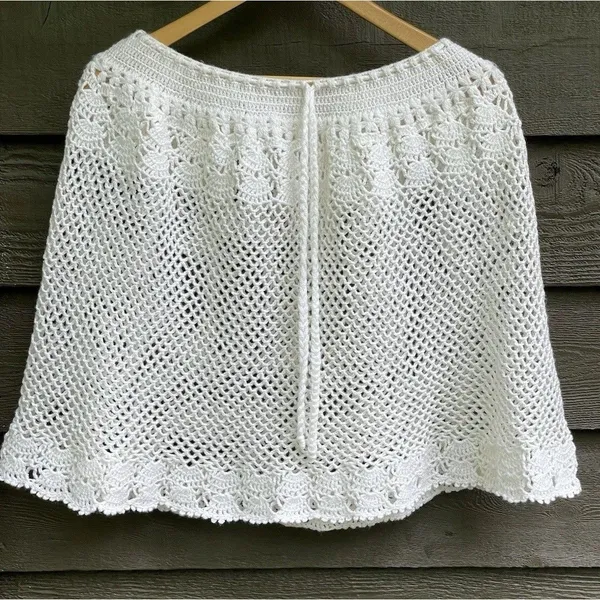 Vintage Handmade Crochet Lace Skirt Cover Up White Boho Festival Drawstring M - Image 2
