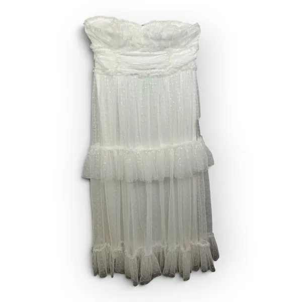 Lulus Women L White Tulle Swiss Dot Strapless Tiered Midi Dress NEW Romantic - Image 4