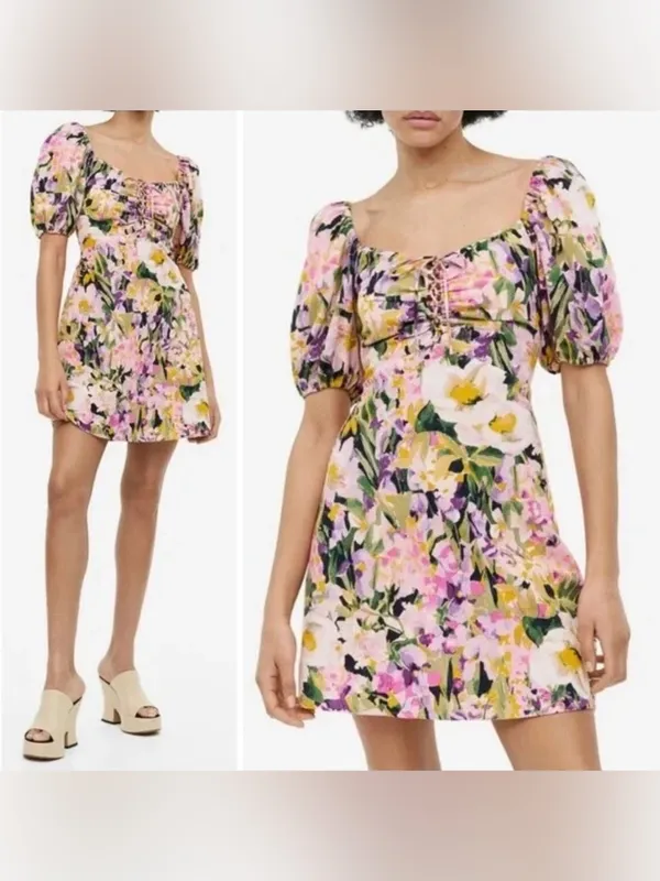 H&M Women’s Floral Cotton Pink Short Sleeve Spring Mini Dress Small - Image 2