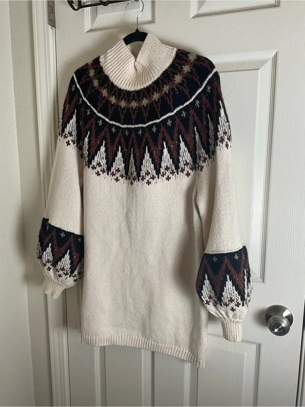 Free People Scotland Fair Isle Balloon Sleeve Mock Neck Sweater Dress M - Image 3