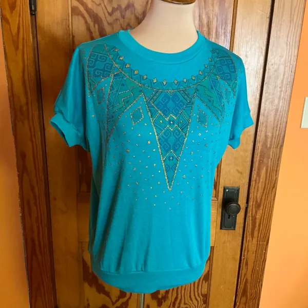 Vintage 80s Teal Gold Glitter Geometric Graphic Top Metallic Print Shirt - Image 10