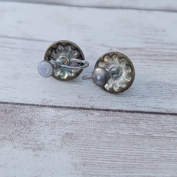 Vintage Screw On Earrings Faux Pearl with Clear Gem Halo - Heavy Tarnish/Wear - Image 6