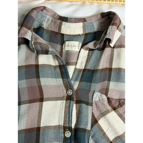 Altar'd State‎ Plaid Button Down Women Medium Brown Blue Plaid Flannel Style - Image 2