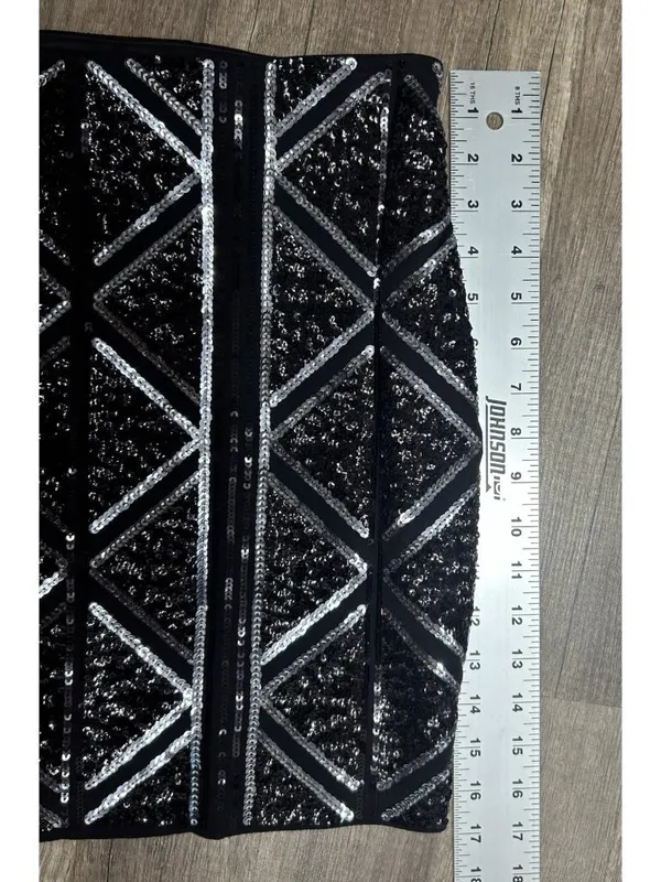 Express Sequin Mini Skirt Medium Black Silver Stretch Pull On Holiday Party Club - Image 6