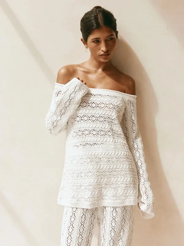 Off-Shoulder White Lace Knit Sweater sabo skirt sz 4 - Image 5