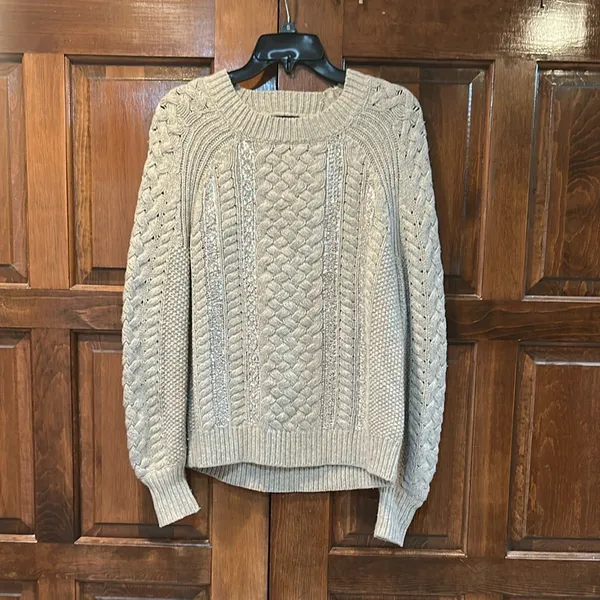J‎ Crew Cable-Knit Sequin Sweater Size Small S Gray Crew Neck Merino Wool Blend - Image 3