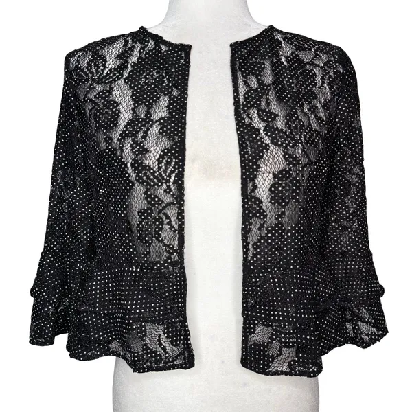LRL Ralph Lauren Small Lace Overlay Cardigan Bell Sleeve Open Sheer Black Ruffle - Image 3