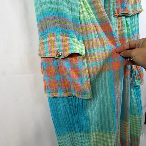 Free People Crafted Cargo Pants Blue Plaid Wide Leg Beachy Boho Size XS - Image 10