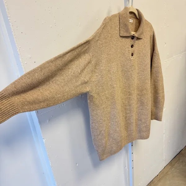 Mango MNG Women's Oversized Knit Polo Sweater Tan Marl Button Neck Large‎ - Image 4