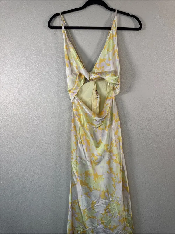Fortunate One Yellow Floral Satin Maxi Dress Womens M Cutout Main Attraction - Image 15