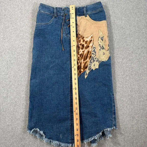 Y2k Patchwork Animal Print Midi Denim Skirt 27 Lace Up Cut Off Made in Italy - Image 6