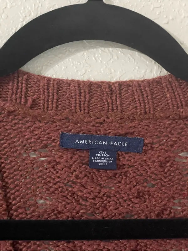 American Eagle Fringe Cable Knit Open Front Cardigan Rust Size XS/S Oversized - Image 4