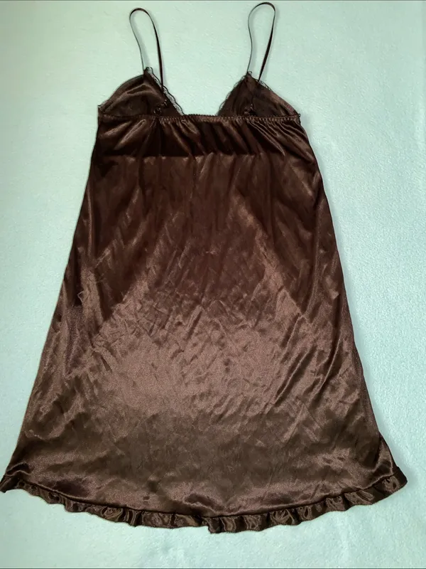 Unbranded satin silky floral lace front panel slip lingerie chemise black size M - Image 2