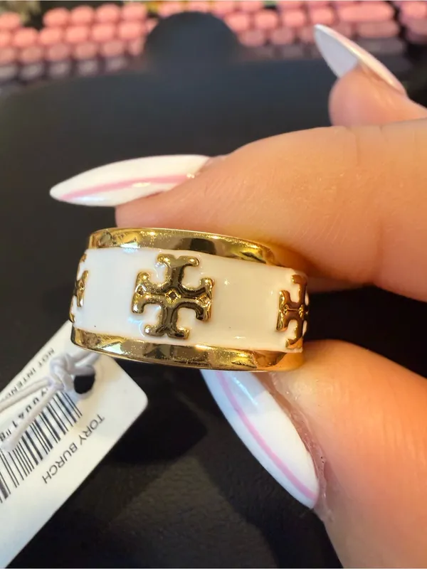 Tory Burch | Gold Plated & White Enamel Women's Logo Band Ring | Size 7 - Image 3