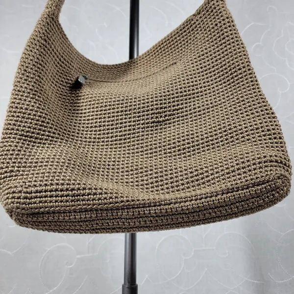 Vintage Sak Crochet Shoulder Bag 10" Dark Tan Nylon Ladies Handbag Pockets - Image 6