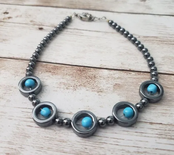 Dark Grey Metallic Beads - Turquoise Tone Beads Bracelet Clasp Closure - Image 2