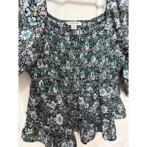 American Eagle Floral Smocked Peplum Top‎ Square Neck Puff Sleeve L - Image 5