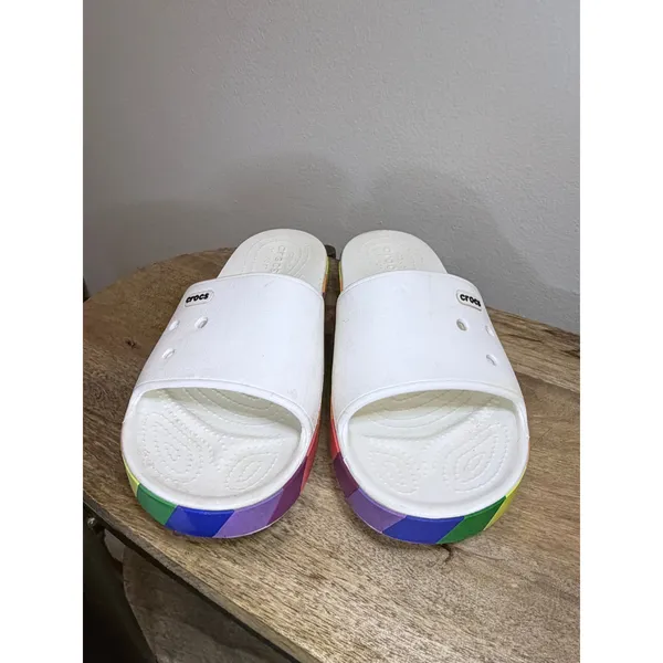 Crocs Classic Slide White Rainbow Stripe Pride Sandals Size 8 - Image 2