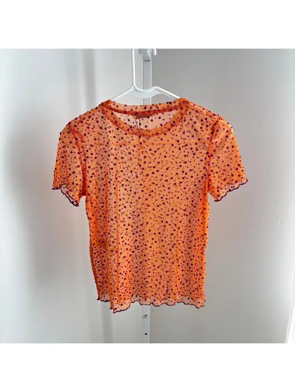 Zara NWT Women's Orange Sheer Mesh Purple Polka Dot Pattern Blouse Top Size S - Image 6