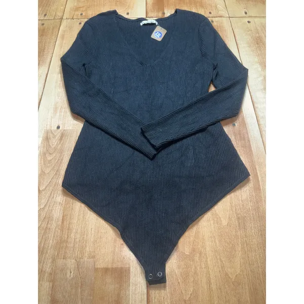 Abercrombie Fitch Black Ribbed Long Sleeve Plunging V‎ Neck Bodysuit XXL - Image 3