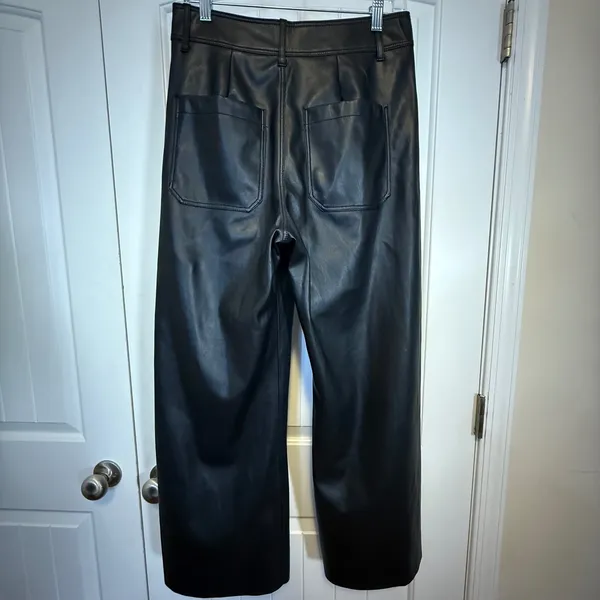 Zara Black Faux Leather 8 Pants Wide Leg High Rise Trousers Patch Pockets Chic - Image 3