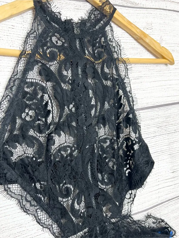 Sheer Black Lace Halter Neck Open Back High Slit Maxi Evening Gown Size Small - Image 7