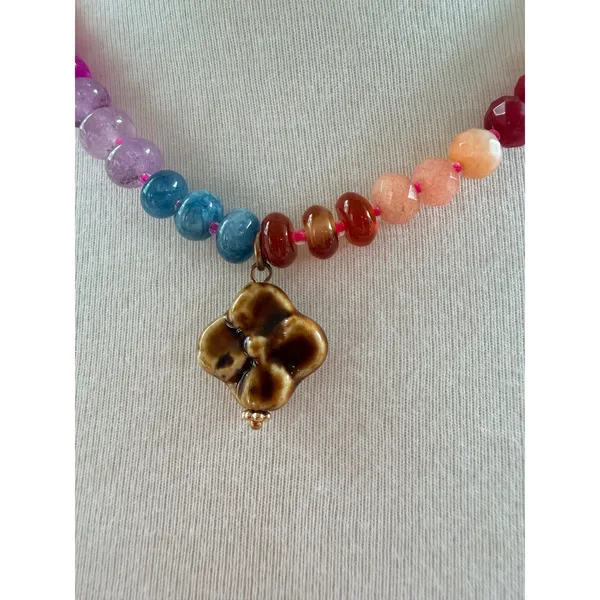 Natural Life Rainbow Beaded Necklace Ceramic Flower Pendant Multicolor 17-20in - Image 2