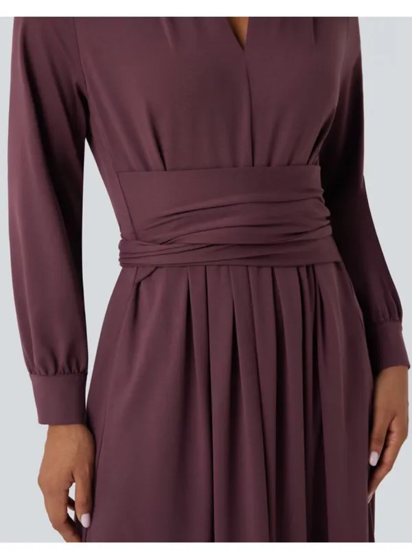 Halara NWT V-neck Long Sleeve Tie Back Midi Work Dress with Pockets in Plum Wine - Image 3