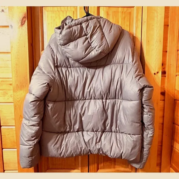Victoria's Secret PINK Marshmallow Puffer Jacket Taupe Hooded Coat Large - Image 4