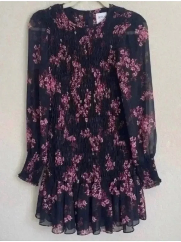 Misa Los Angeles Black Floral Long Sleeve Smocked Mini Dress with Pink Blossoms - Image 2