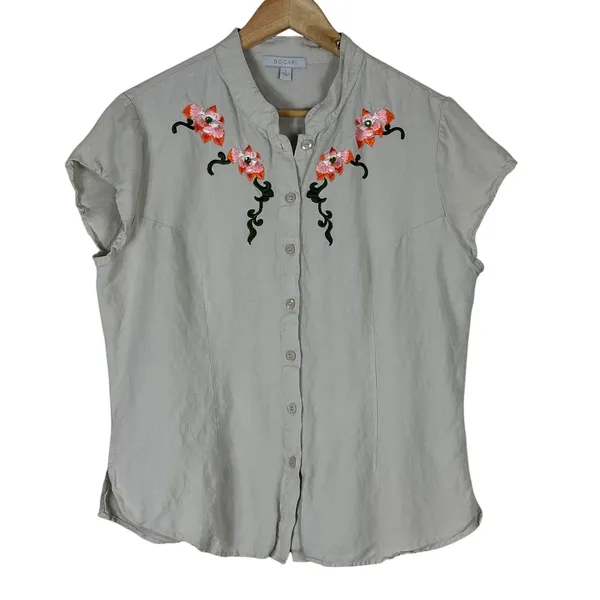 Bogari Button Down Top Womens L Cream Linen Floral Embroidered Boho Southwestern - Image 2