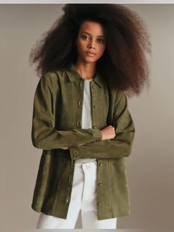 Sezane Camel Suede Goat Leather Will Jacket Olive Green Size Small - Image 7