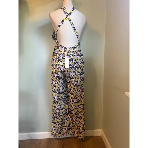 VICI Floral Halter Wide Leg Jumpsuit Yellow Pink Black Medium boho resort dainty - Image 3