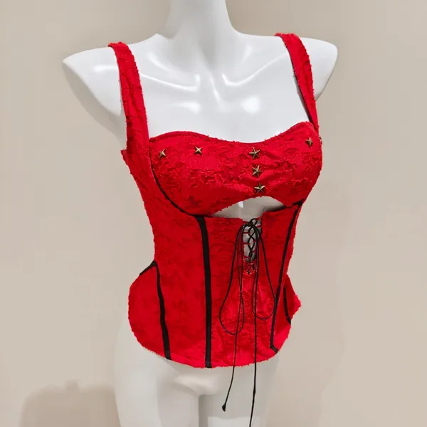 Others Follow Red Textured Wide Strap Corset Top - Image 3
