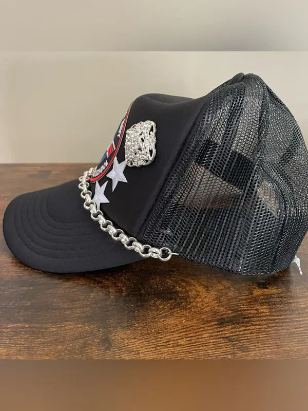 OTTO Top Gun Trucker Hat Black Embellished Chain Rhinestone Patch One Size - Image 6