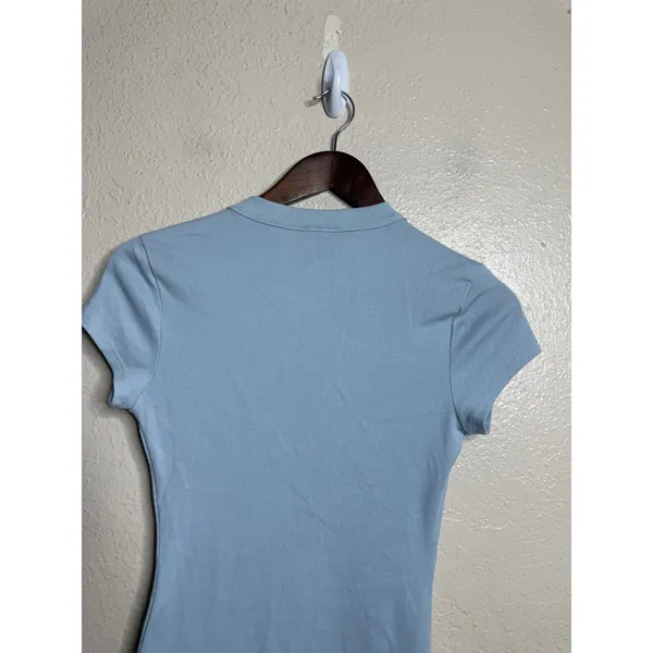 Reformation Raelynn Knit Mini Dress size S Light Blue Button Front Short Sleeve - Image 8