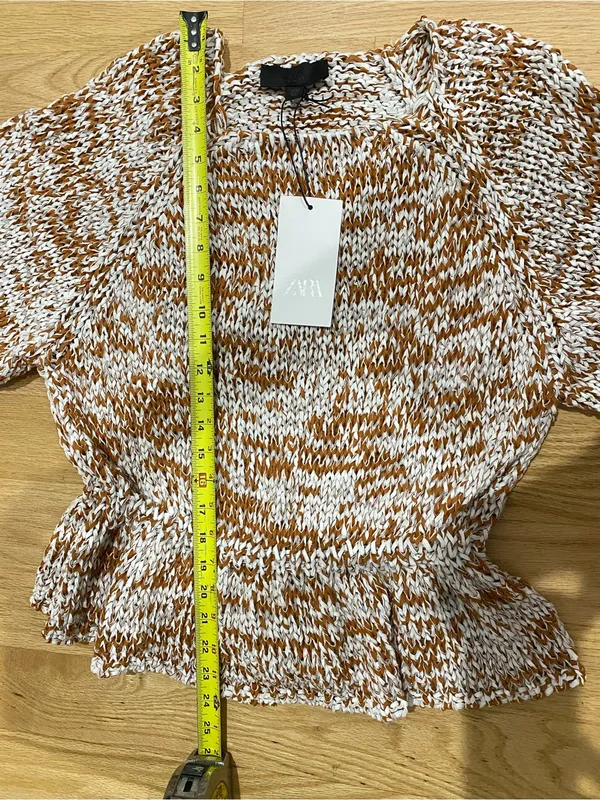 Zara Brown and White Knit Blouse Small - Image 5