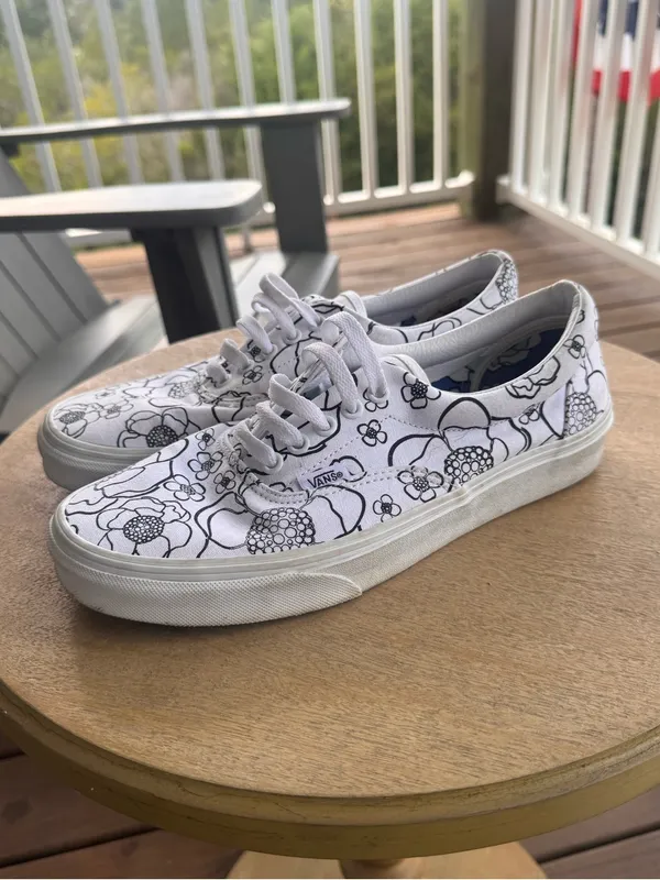 Vans Era Floral Canvas Sneakers White Black‎ Women’s 9.5 Classic Skate - Image 3