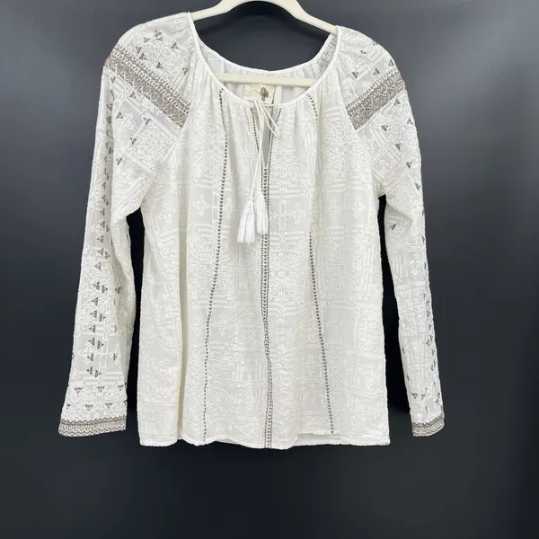 the jetset diaries TJD Boho Cotton Silk Shimmer Blouse L Embroidery Long Sleeve - Image 2