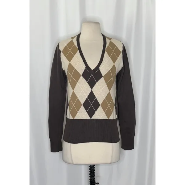 UNITED COLORS OF BENETTON Argyle Wool Blend V-Neck Sweater Preppy Size Small - Image 2